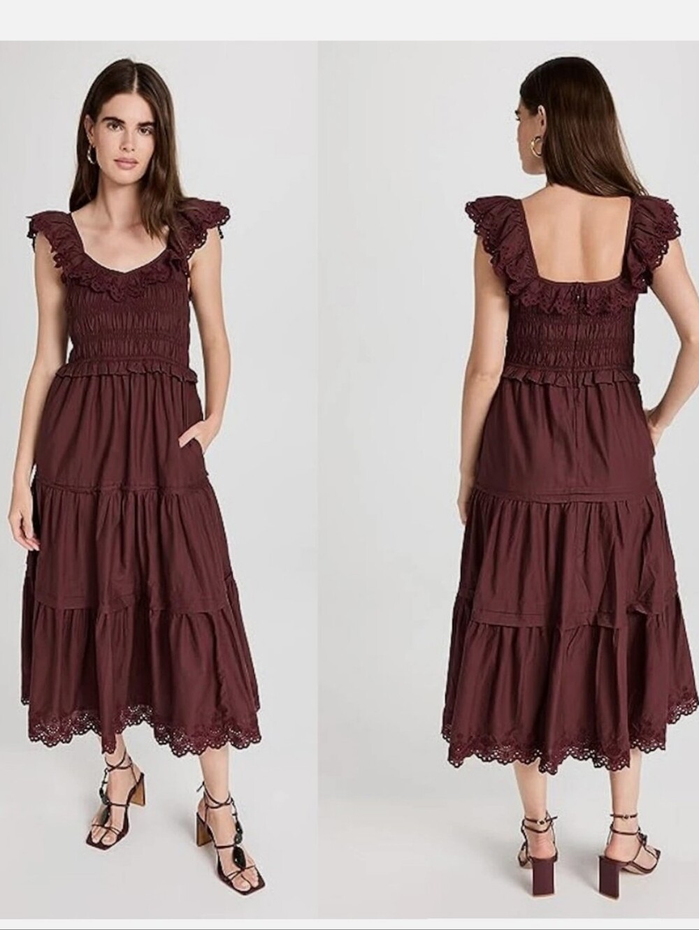 Madewell Burgundy Ruffle-Trim Smocked Midi Dress